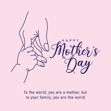 Happy mothers day vector greeting card featuring hand drawn outline illustration of baby holding mothers finger on soft pink background for holiday celebration and family love appreciation concept.