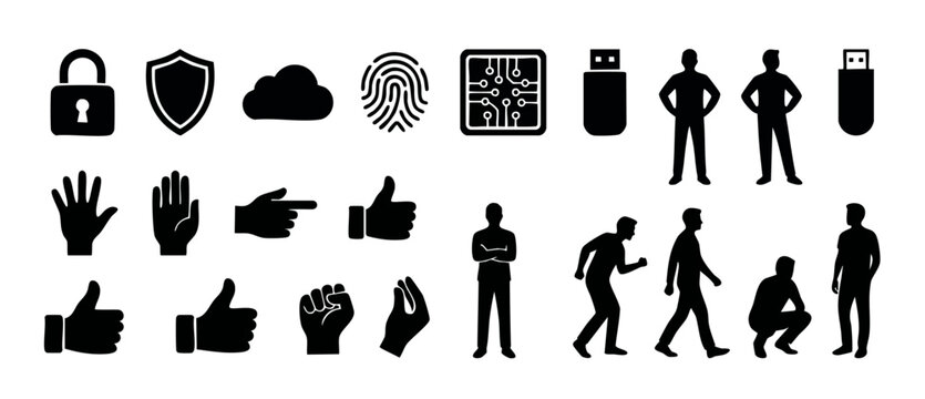 Cybersecurity Icons and Human Silhouettes Set for Business Technology and Digital Identity Concepts. Black Flat Vector Illustration Pack Featuring Network Security, Hardware Components and Person Gest