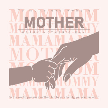Minimalist mothers day vector poster with brown silhouette of child holding mothers hand on pink background with subtle repeat word pattern for contemporary holiday celebration and branding design.