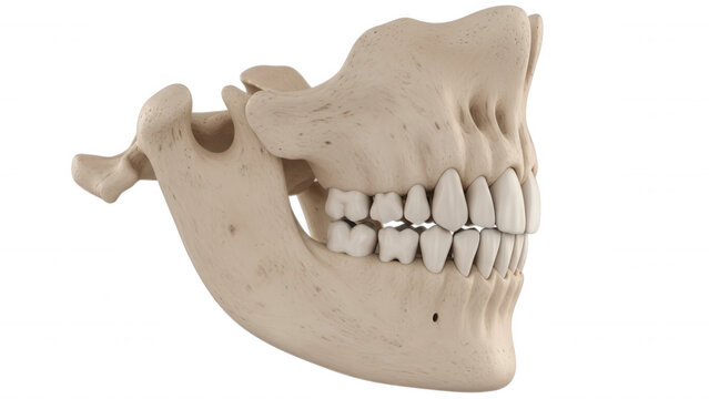 Human mandible bone with upper and lower teeth, anatomical model isolated on a transparent background