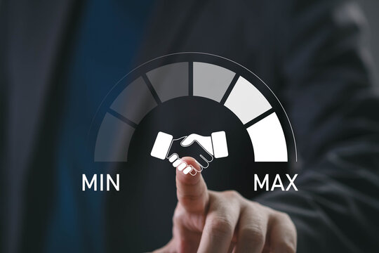 Business partnership and trust concept with handshake icon on satisfaction scale from minimum to maximum, representing customer satisfaction, service quality, relationship management and success.