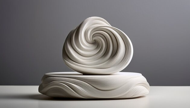 A Swirling Clay Sculpture Sits On A White Platform Against A Neutral Gray Background Featuring Layered Wavelike Formations