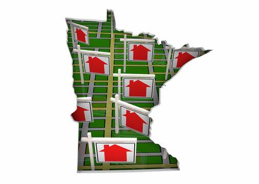 Minnesota MN State Real Estate Market Homes Houses For Sale Signs Map Move Relocate 3d Illustration