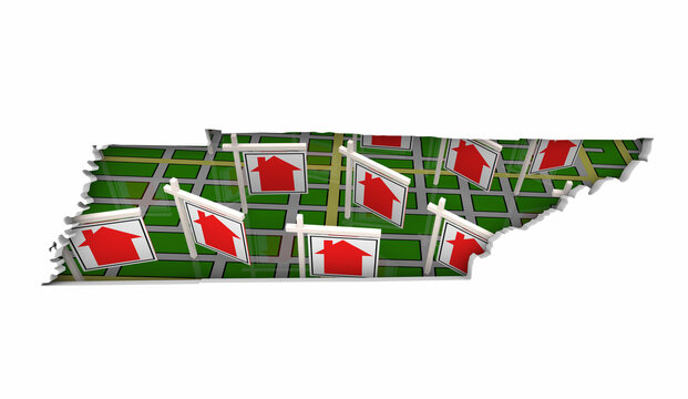 Tennessee TN State Real Estate Market Homes Houses For Sale Signs Map Move Relocate 3d Illustration