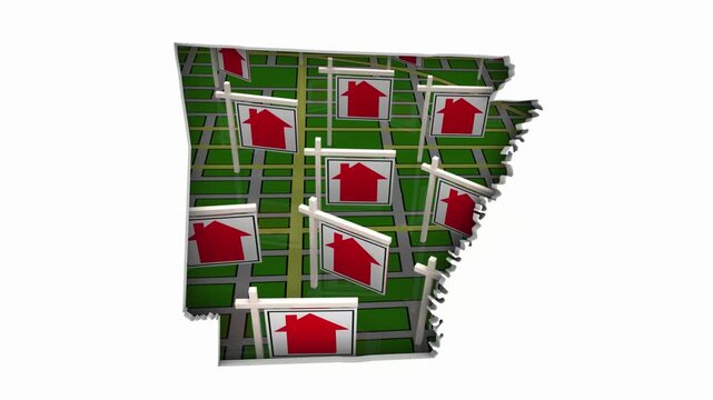 Arkansas AR State Real Estate Market Homes Houses For Sale Signs Map Move Relocate 3d Animation