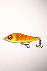 Fishing accessories bobbers, hooks, tackles, baits isolated on white background. Image for shop for fisherman. Close up © Krievietka