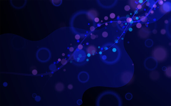 Abstract blue background with glowing bubbles and bright bokeh lights in a dark sparkling space