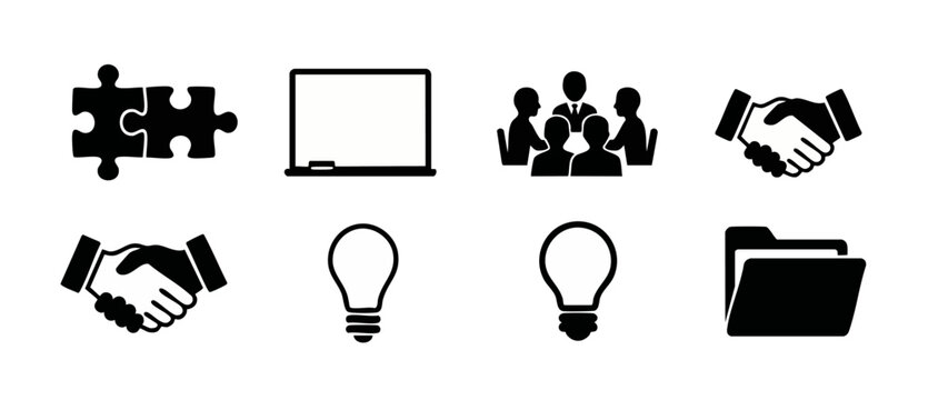 Business Icon Set Collection, Professional Flat Black Symbols for Corporate Communication, Strategy, Teamwork, Meeting, Idea and Management Vector Graphics isolated on white background for web and mob