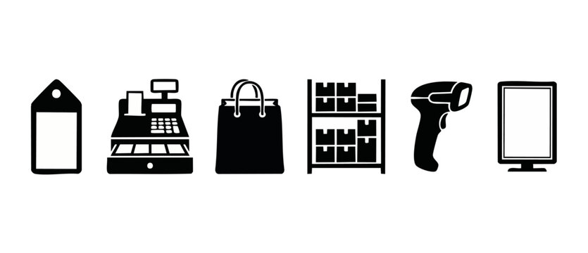 Retail Shopping Icons Set: Cash Register, Price Tag, Shopping Bag, Warehouse Shelves, Barcode Scanner and Digital Display for E-commerce, Inventory Management and Point of Sale Business Solutions Desi