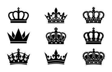 Royal crown silhouettes set, 9 black heraldic tiara icons, vintage monarch headwear collection, luxury king and queen coronet vector elements © Mahfuz