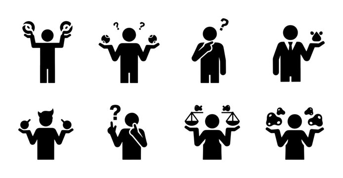 Decision making icon set, business choice and dilemma symbols, 8 black vector pictograms of people weighing options and problem solving
