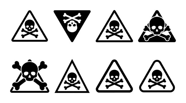Skull and crossbones warning icons, toxic hazard sign collection, 8 black poison alert symbols in triangles, danger and mortality vector set