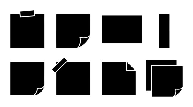 Black sticky note vector icons, set of 8 adhesive paper silhouettes, minimalist office memo and reminder stickers for digital planning
