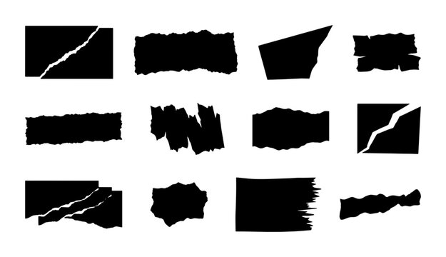 Grunge torn paper edges and ripped cardboard silhouettes, 12 black distressed paper texture elements, rough deckle edge vector set for collage
