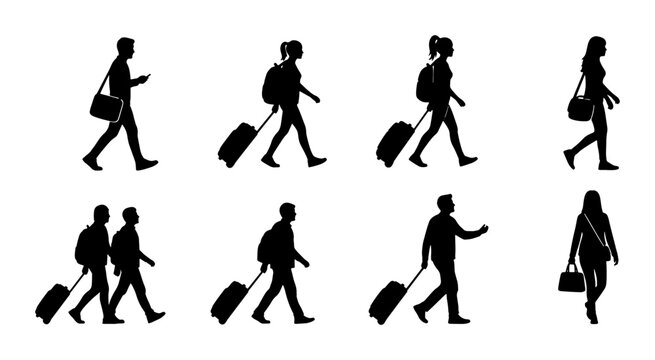 Traveler silhouettes with luggage vector set, walking tourists with suitcases and backpacks, airport passengers and commuters in black profile