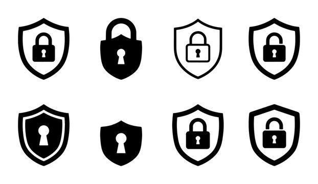 Cybersecurity shield icons set, black security lock symbols for data protection, 8 vector elements for web safety and privacy interface
