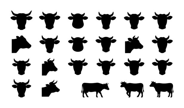 Black cow head silhouettes and cattle icons set, minimalist bull and heifer profile vector collection, farm animal livestock symbols for butchery and dairy branding