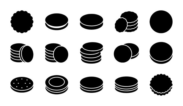 Minimalist cookie icon set, black silhouette biscuit vector collection, 15 sweet snack symbols for bakery branding and food packaging design