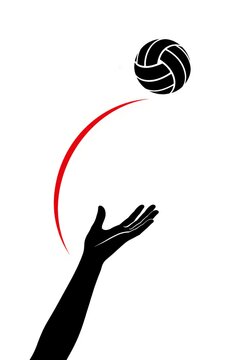 Minimalist volleyball poster: a black silhouette of a hand tossing a ball, with a red arc showing the trajectory on a clean white background