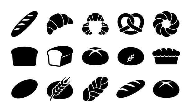 Bakery Icons Set: 15 Black and White SVG Illustrations of Bread, Croissants, and Pastries for Food Service and Culinary Branding