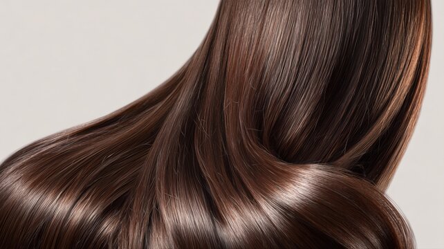 ツヤのある美しいブラウンの髪の毛のアップ。ヘアケアや美容関連の広告や記事に適したイメージ素材。