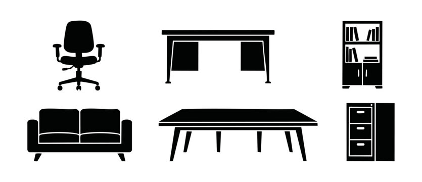 Office Furniture Icon Set Collection for Business Interior Design and Workspace Planning. Black Silhouette Vector Graphics of Desk, Chair, Sofa, Bookshelf, and Filing Cabinet for Professional Layouts.