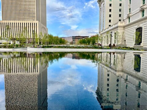 Architectural reflections of Joseph Smith Memorial Building and The Church Office Building (The Church of Jesus Christ of Latter-day Saints) Office Building in Temple Square, Salt Lake City, Utah, USA