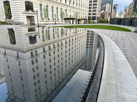 Architectural reflections of Joseph Smith Memorial Building in Temple Square, Salt Lake City, Utah, USA
