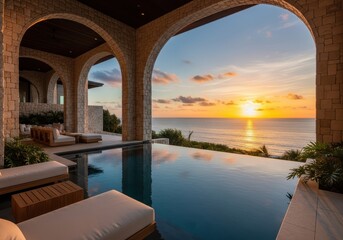 Fototapeta premium A serene infinity pool overlooking a vibrant sunset from the comfort of a shaded luxury terrace