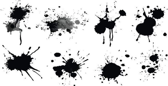 Black ink spots Set of splashes, blots. Black inked splatter dirt stain splattered spray splash with drops blots isolated set on white background. Ink illustration.