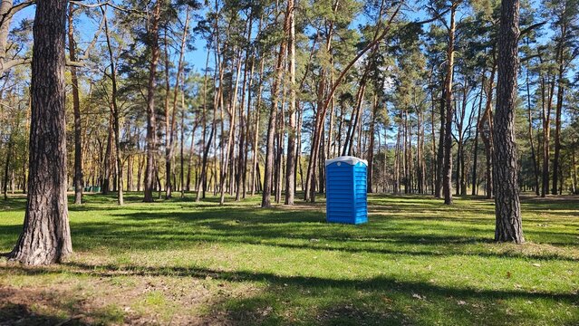 Vivid blue plastic portable toilet among tall trees in a forest clearing, surrounded by grass and fallen leaves in spring.