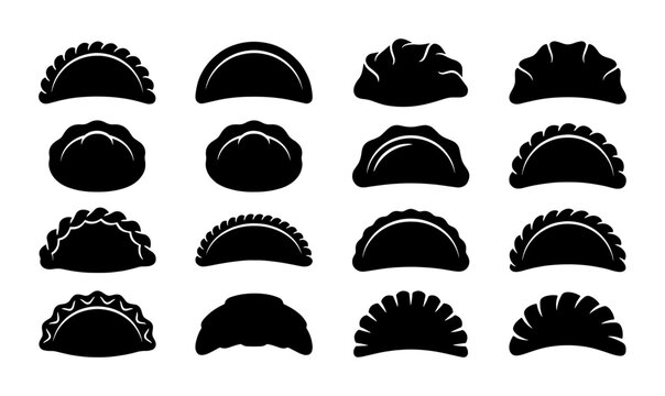 Dumpling silhouette icon set, 16 traditional pierogi and gyoza vector elements, black dough pastry shapes for restaurant menu design