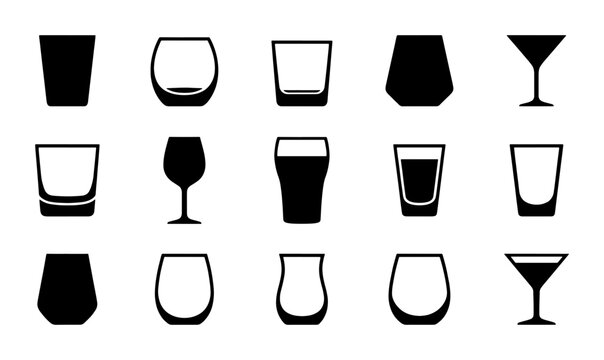 Minimalist glassware icons set, 15 black vector silhouettes of drinking glasses, barware and stemware collection for restaurant menus and bar signage