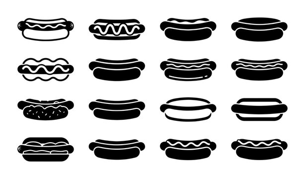 Minimalist hot dog icon set, 16 black silhouette fast food symbols, grilled sausage in bun vector collection for restaurant menus and snack bar branding