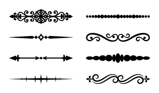 Vintage decorative dividers set, black ornamental border elements, elegant filigree line art vectors for wedding invitations and book design