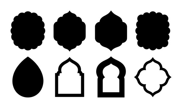 Islamic border frames and oriental window silhouettes, 8 black decorative arch shapes, middle eastern architectural vector elements for ramadan design