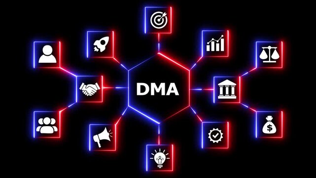 Dma digital marketing analysis connection animation. Digital marketing analysis dma concept with neon glowing network nodes business icons dynamic motion graphic loop footage.