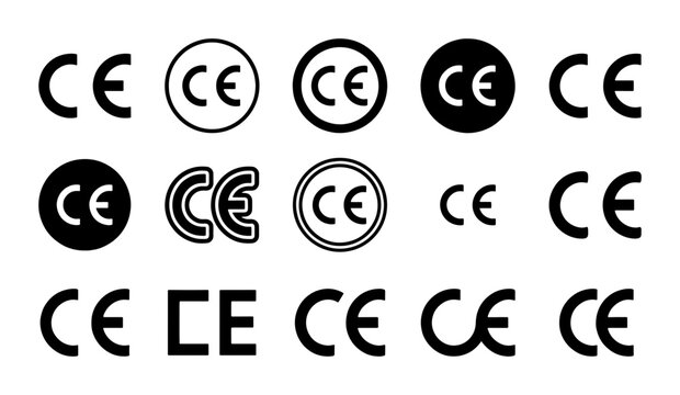 CE marking certification icons set, European conformity symbol collection for product packaging, black and white industrial safety standard vector signs