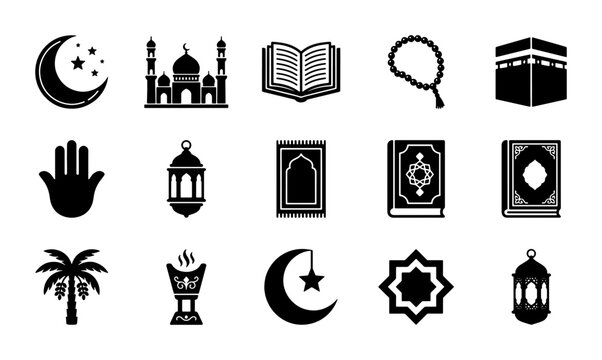 Islamic religion icon set with 15 black vector symbols, Ramadan and Eid celebration elements, mosque and Quran illustrations for traditional Muslim culture