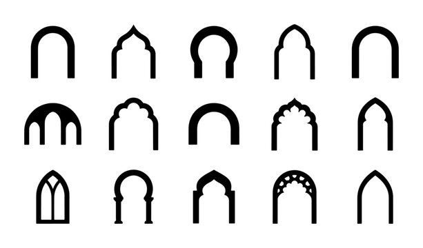 Islamic arch silhouettes set, 15 oriental window and door frame icons, black arabic architectural shapes, moroccan and gothic portal vector collection