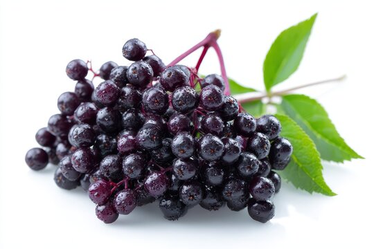 Macro shot of ripe elderberries with deep purple hues and glossy skins on white backdrop