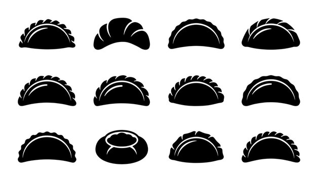 Traditional dumpling icons set, black silhouette pierogi and gyoza vector elements, 12 assorted pastry and dough food symbols for restaurant menu design