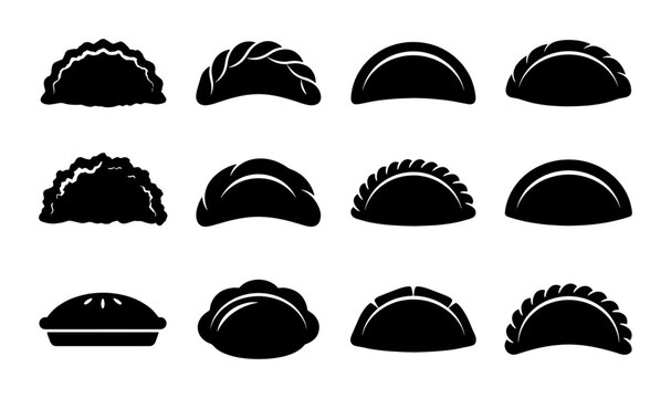 Traditional dumpling and pierogi icons set, 12 black silhouette pastry vector elements, empanada and gyoza food symbols for restaurant menu design