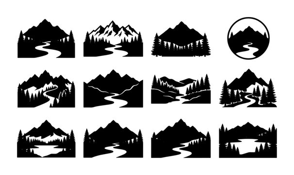 Vintage mountain landscape silhouettes, set of 12 outdoor wilderness icons, black and white nature vector graphics for camping and hiking logos