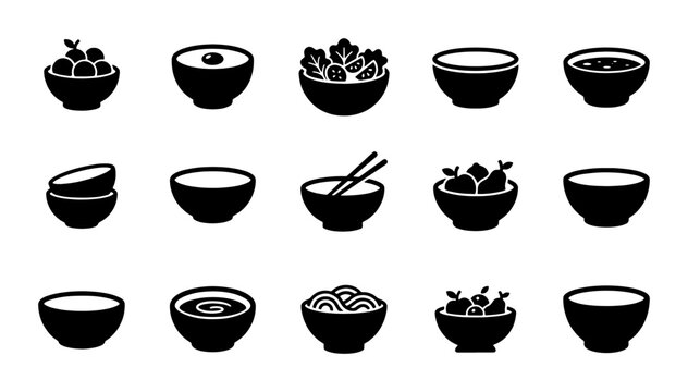Minimalist food bowl icons set, 15 black solid vector symbols of soup and salad bowls, kitchenware and restaurant menu graphic elements