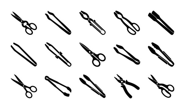 Kitchen Tongs and Scissors SVG Icons Set, Cooking Utensils Collection, Food Tongs and Snippers, Culinary Tools Graphic Resources