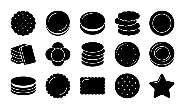 Cookie and biscuit silhouette icons set, 15 black vector food symbols, assorted sweet snacks and cracker shapes for bakery menus and packaging