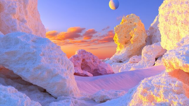 Bizarre alien 3d coral desert landscape with sponge-like rocks and warm sunset colors