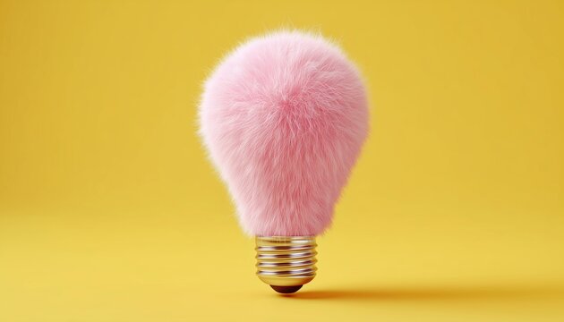 Pink Furry Light Bulb Floating On A Yellow Surface, Sparking Ideas And Creativity. Bright And Imaginative Render Of A Unique Concept.