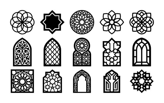 Islamic geometric patterns and arched window frames, set of 15 black vector icons, traditional Arabic architectural elements for laser cutting and design